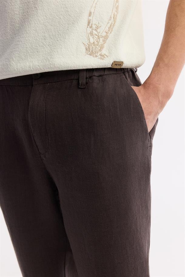 Kahve Beli Lastikli %100 Keten Issos Relaxed Fit Pantolon