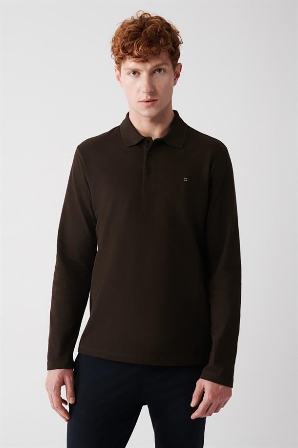 Kahverengi Polo Yaka %100 Pamuk Basic Regular Fit Standart Kesim Sweatshirt