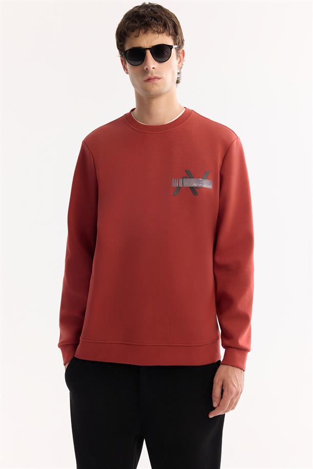 Kiremit Bisiklet Yaka Göğsü Hologram Baskı  İnterlok Sweatshirt