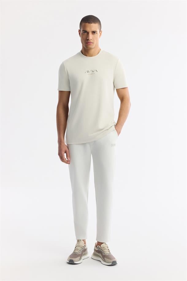 Kırık Beyaz Bisiklet Yaka Hologram Baskılı İnterlok T-Shirt