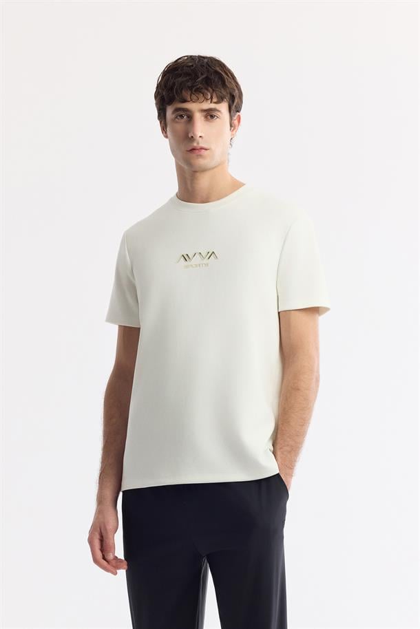 Kırık Beyaz Bisiklet Yaka Hologram Baskılı İnterlok T-Shirt
