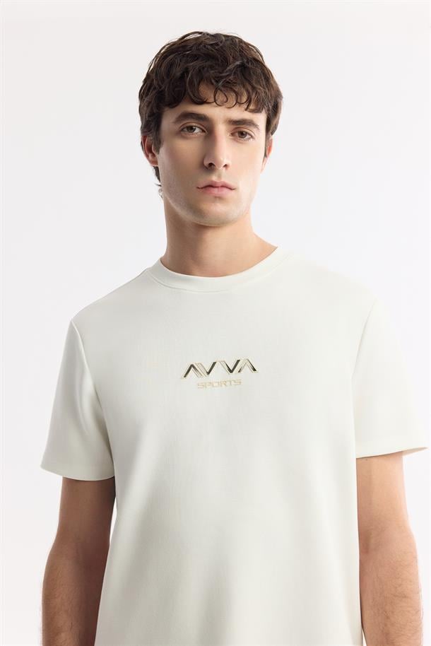 Kırık Beyaz Bisiklet Yaka Hologram Baskılı İnterlok T-Shirt