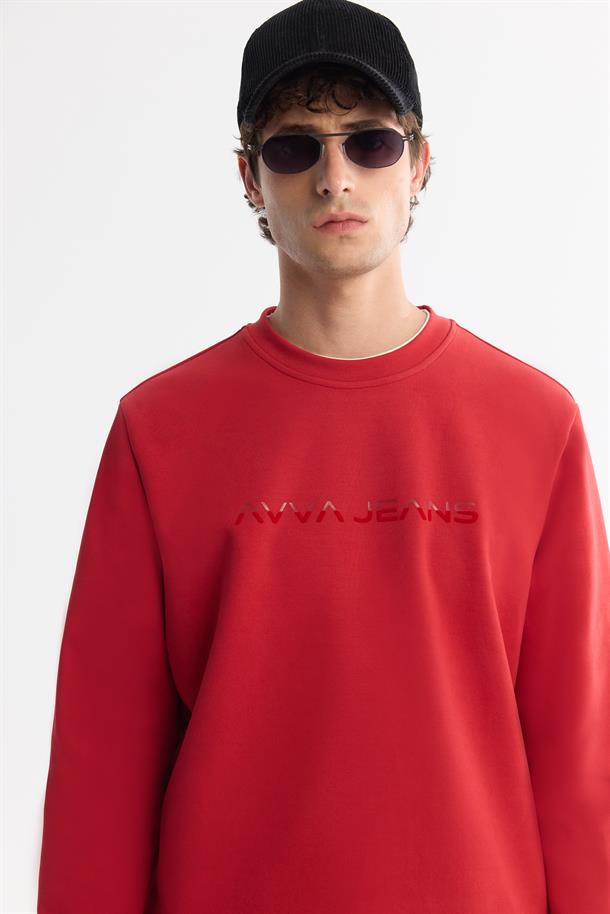 Kırmızı Bisiklet Yaka Pamuklu Baskılı Sweatshirt