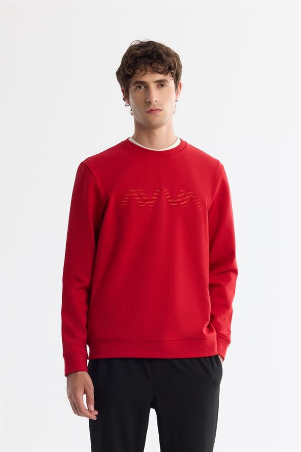 Kırmızı Bisiklet Yaka Pamuklu Baskılı Sweatshirt