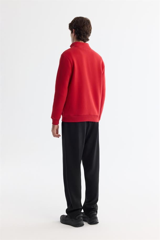 Kırmızı Dik Yaka Fermuarlı Şardonlu 3 İplik  Sweatshirt