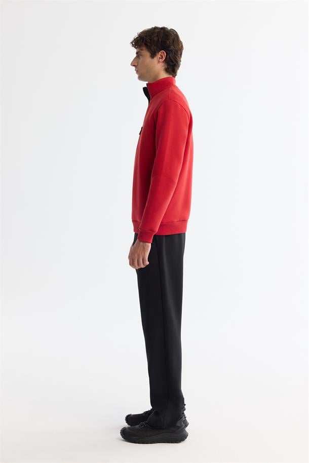 Kırmızı Dik Yaka Fermuarlı Şardonlu 3 İplik  Sweatshirt