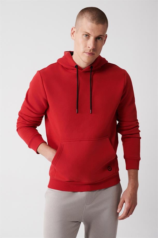 Kırmızı Kapüşonlu Yaka İçi Polarlı 3 İplik Pamuklu Regular Fit Standart Kesim Unisex Sweatshirt