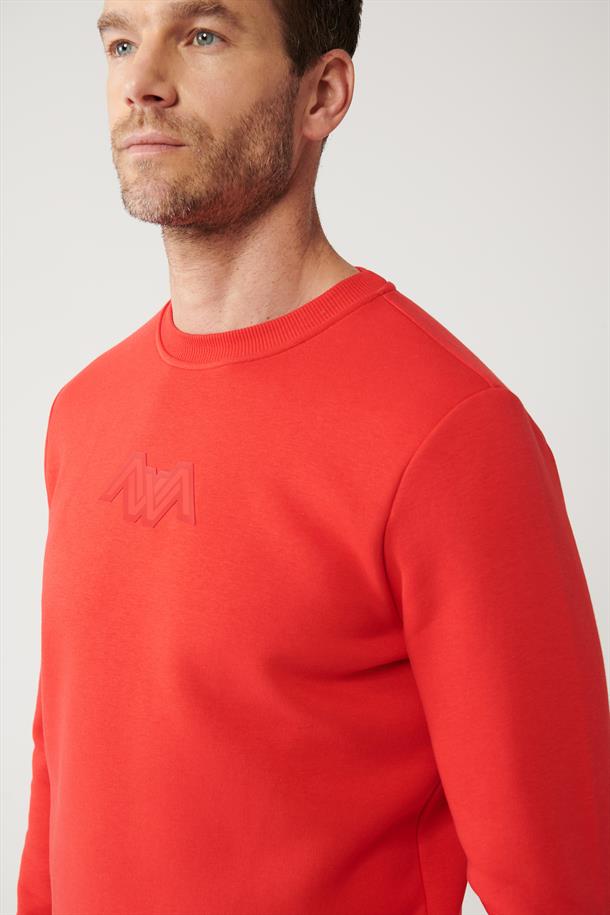 Kırmızı Şardonlu Kumaş Bisiklet Yaka Flok Baskılı Sweatshirt