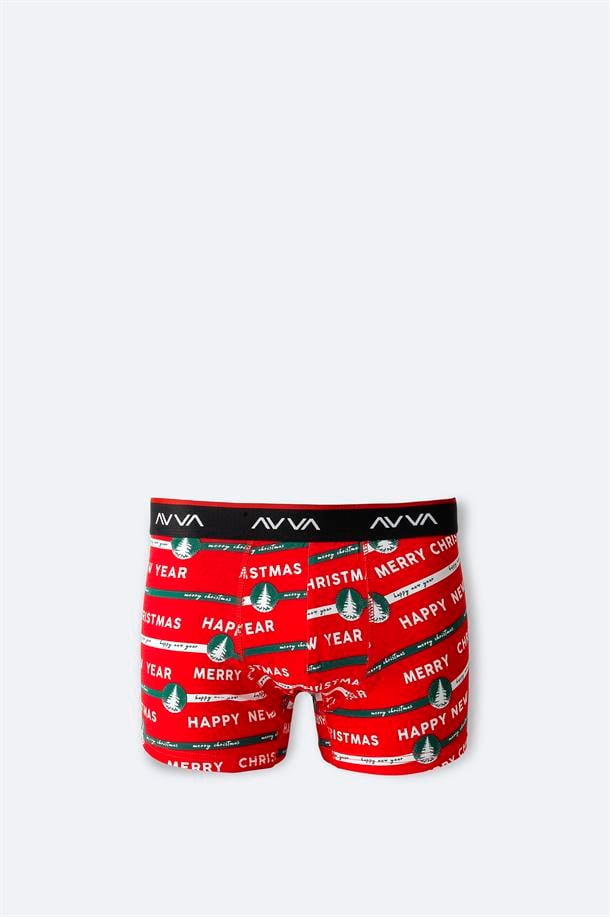 Kırmızı Yılbaşı Desenli Tekli Kutu Boxer