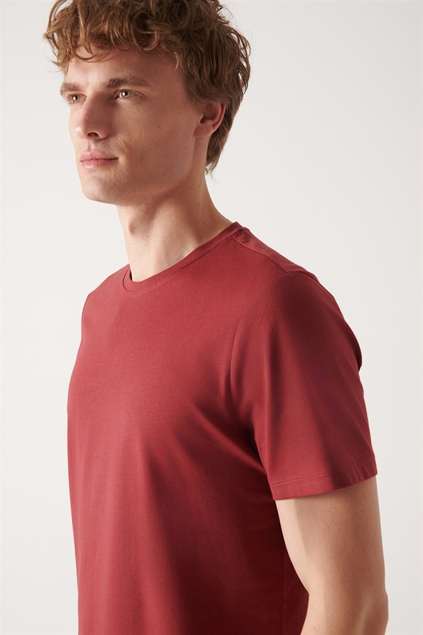 Koyu Bordo Bisiklet Yaka %100 Pamuk Basic T-Shirt