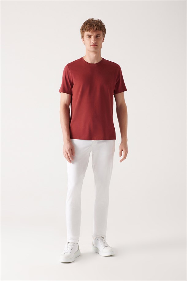 Koyu Bordo Bisiklet Yaka %100 Pamuk Basic T-Shirt