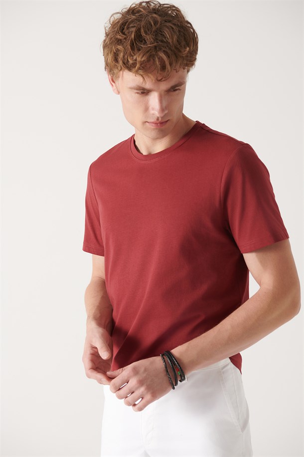 Koyu Bordo Bisiklet Yaka %100 Pamuk Basic T-Shirt