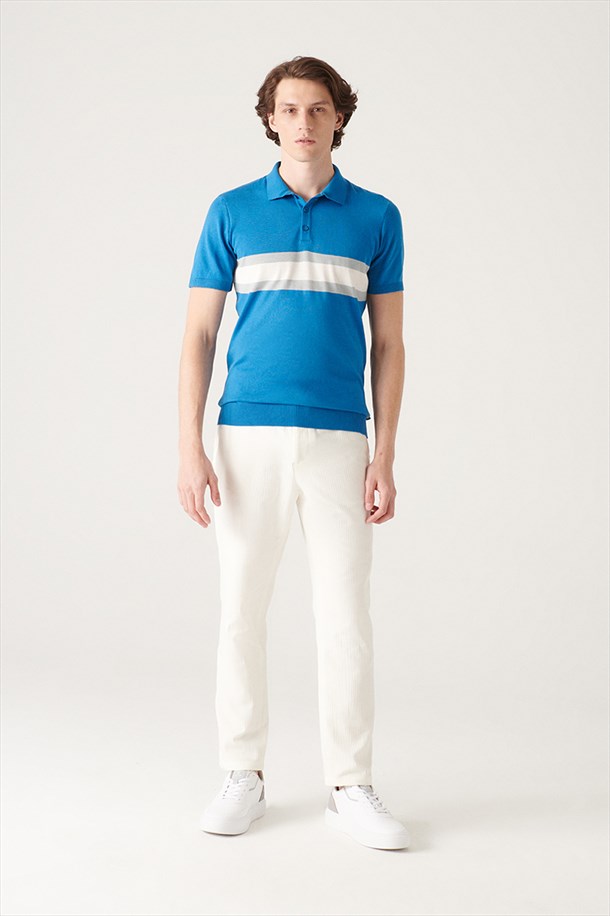 Koyu Mavi Polo Yaka Çizgili Kısa Kol Triko T-Shirt