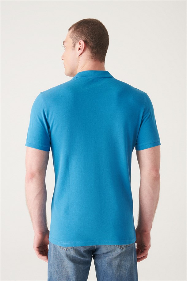 Koyu Mavi Polo Yaka Slim Fit %100 Pamuk Basic T-Shirt
