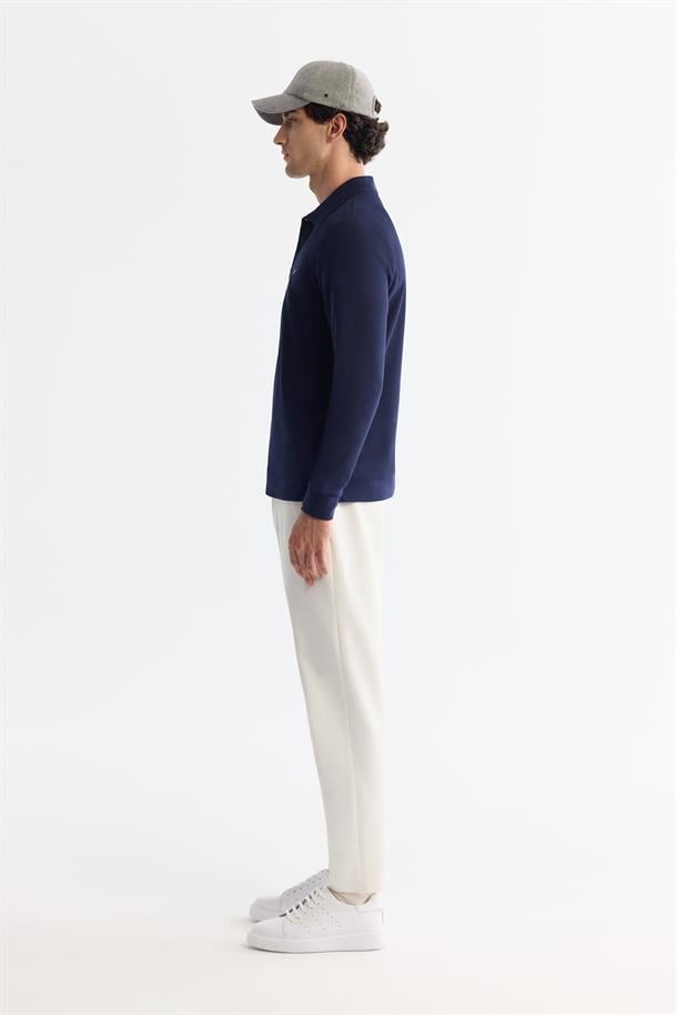 Lacivert 2 Düğmeli Pamuklu Polo Yaka Sweatshirt