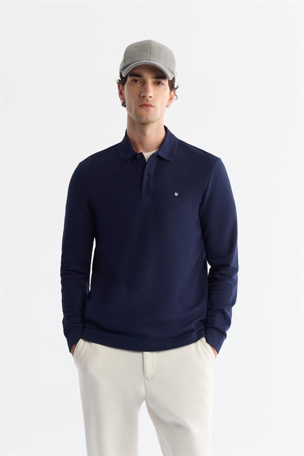 Lacivert 2 Düğmeli Pamuklu Polo Yaka Sweatshirt