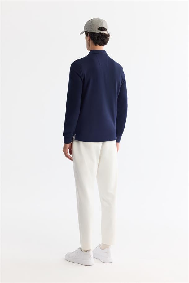Lacivert 2 Düğmeli Pamuklu Polo Yaka Sweatshirt