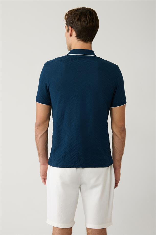 Lacivert 3 Düğmeli Polo yaka Jakarlı Regular Fit T-Shirt