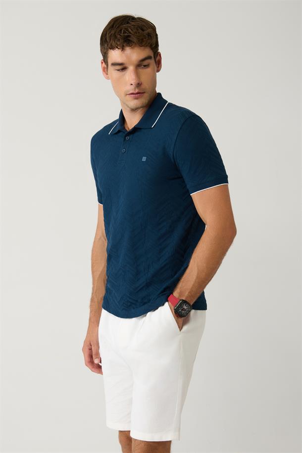 Lacivert 3 Düğmeli Polo yaka Jakarlı Regular Fit T-Shirt