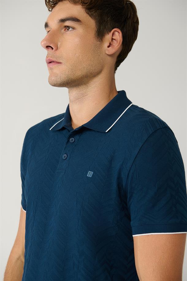 Lacivert 3 Düğmeli Polo yaka Jakarlı Regular Fit T-Shirt