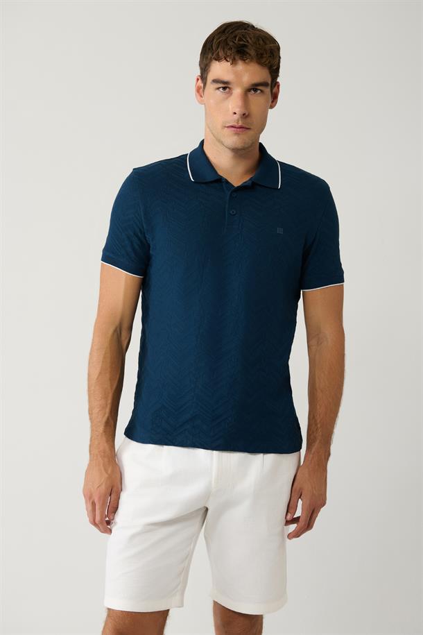 Lacivert 3 Düğmeli Polo yaka Jakarlı Regular Fit T-Shirt