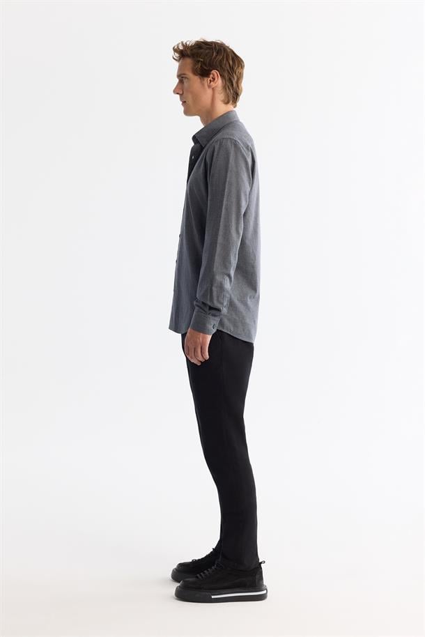 Lacivert Alttan Britli Yaka Mini Kazayagı Flanel Slim Fit Uzun Kol Gömlek