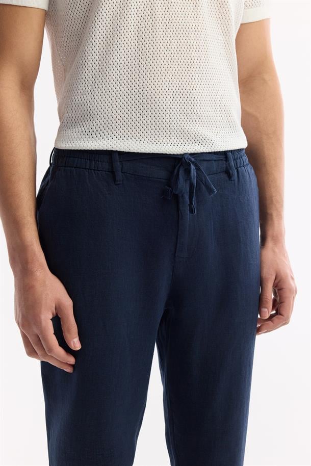 Lacivert Beli Lastikli %100 Keten Pantolon