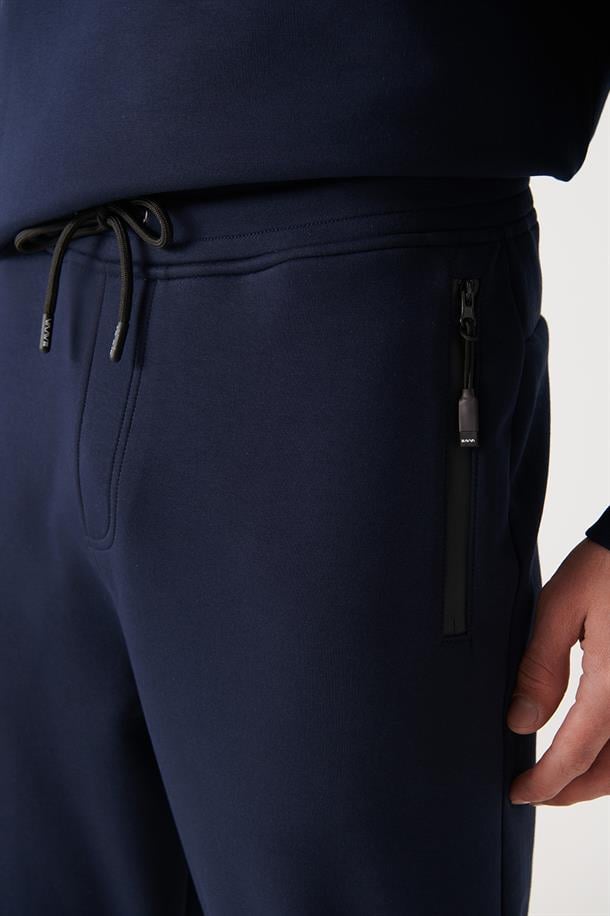 Lacivert Beli Lastikli Bağcıklı Yandan Fermuarlı Cepli İnterlok Jogger