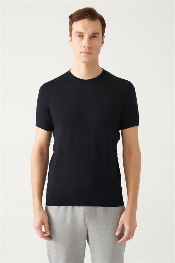 Lacivert Bisiklet Yaka Basic Triko T-shirt