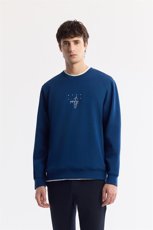 Lacivert Bisiklet Yaka Baskılı İnterlok Sweatshirt
