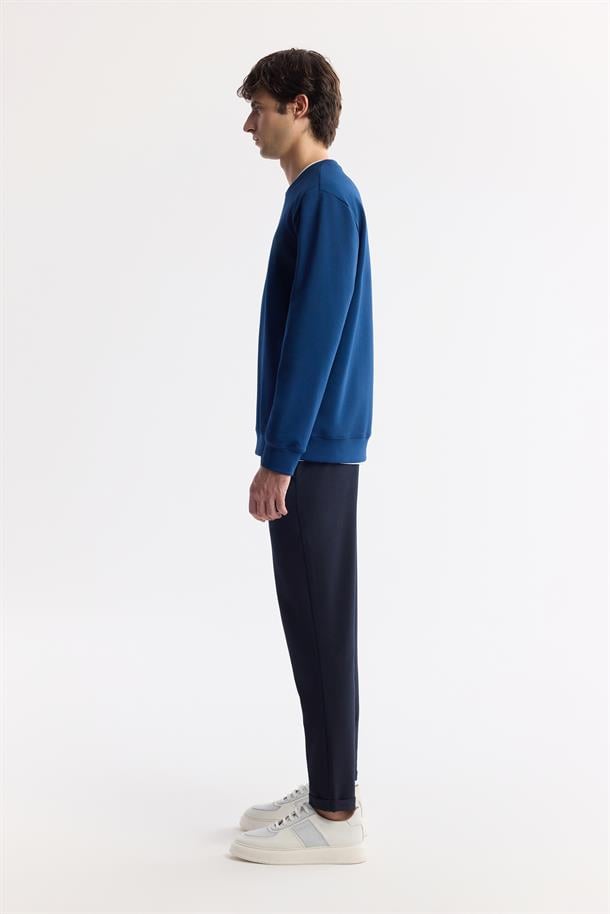 Lacivert Bisiklet Yaka Baskılı İnterlok Sweatshirt