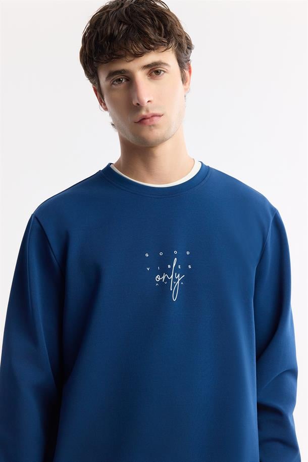 Lacivert Bisiklet Yaka Baskılı İnterlok Sweatshirt