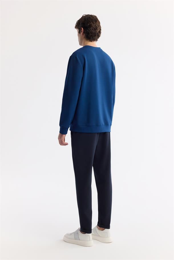 Lacivert Bisiklet Yaka Baskılı İnterlok Sweatshirt