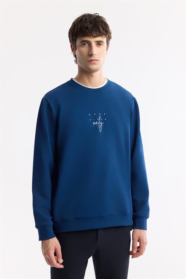 Lacivert Bisiklet Yaka Baskılı İnterlok Sweatshirt