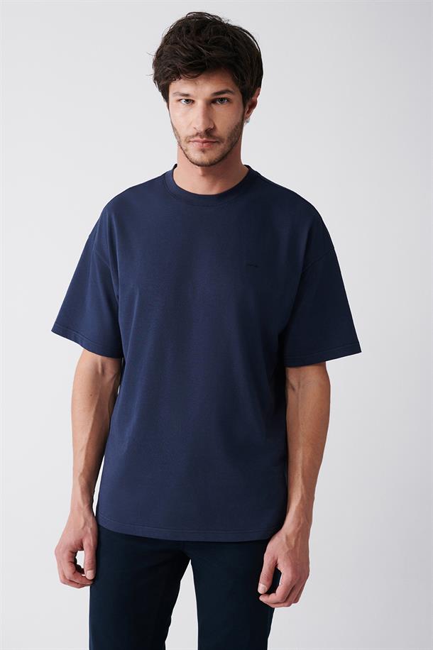 Lacivert Bisiklet Yaka Baskılı Oversize T-Shirt