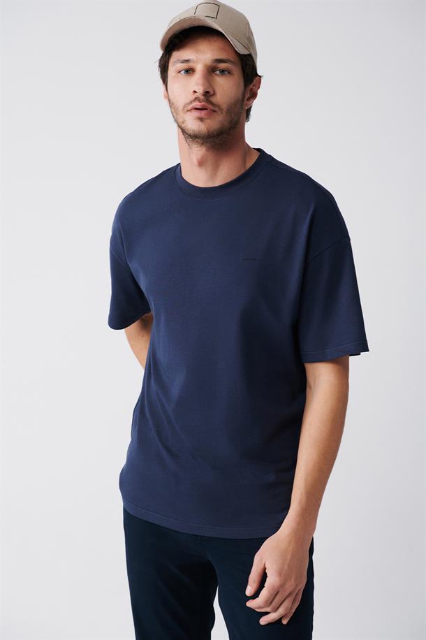 Lacivert Bisiklet Yaka Baskılı Oversize T-Shirt