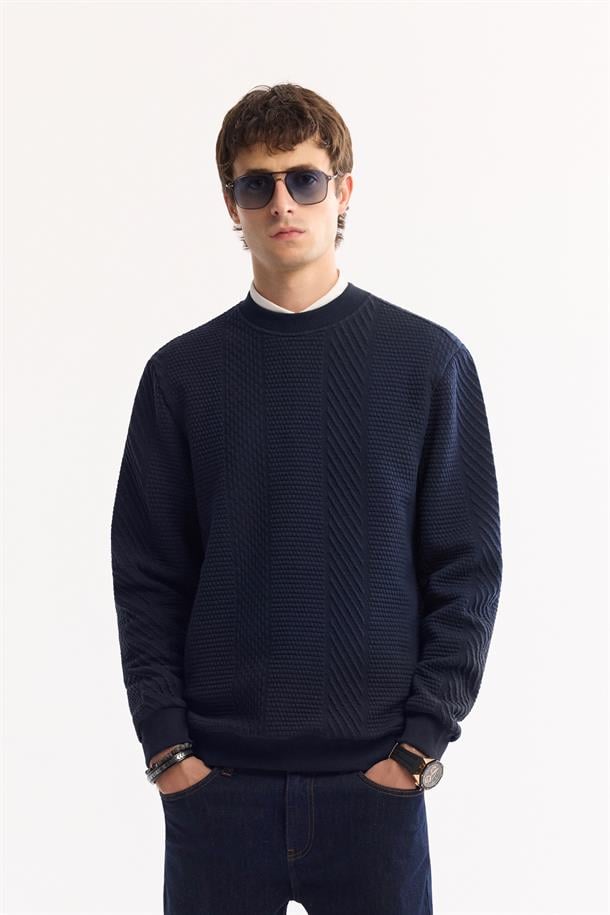 Lacivert Bisiklet Yaka Çizgili Jakarlı Sweatshirt