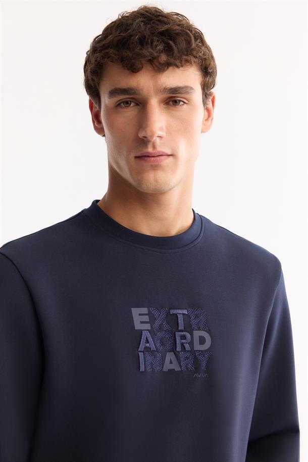 Lacivert Bisiklet Yaka Fileksi Baskılı Nakış   İnterlok Sweatshirt