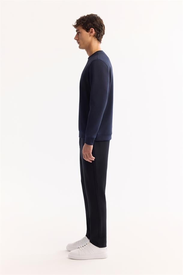 Lacivert Bisiklet Yaka Fileksi Baskılı Nakış   İnterlok Sweatshirt