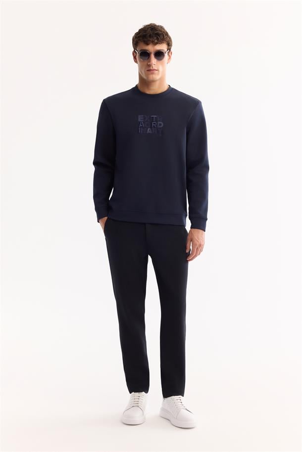 Lacivert Bisiklet Yaka Fileksi Baskılı Nakış   İnterlok Sweatshirt
