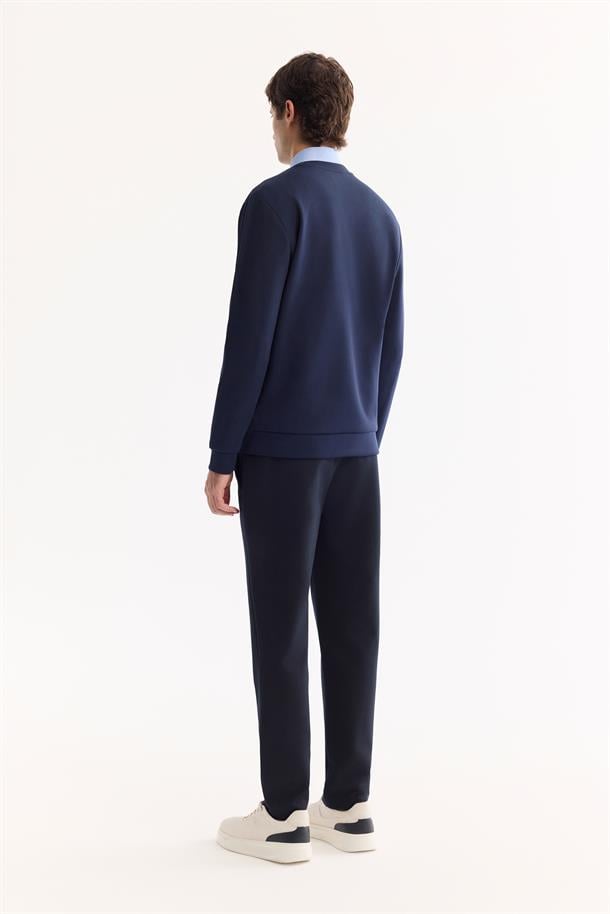 Lacivert Bisiklet Yaka Gofre  Baskılı İnterlok Sweatshirt