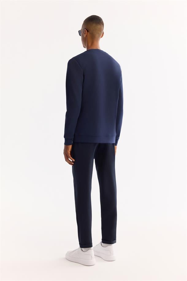Lacivert Bisiklet Yaka Göğsü Hologram Baskı  İnterlok Sweatshirt