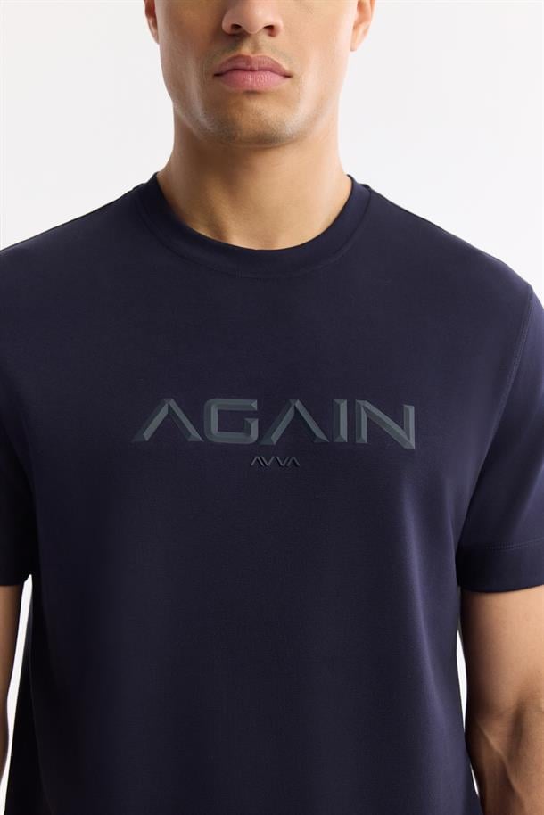Lacivert Bisiklet Yaka Hologram Baskılı İnterlok T-Shirt