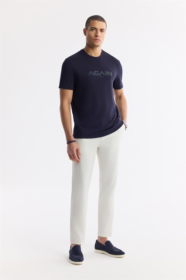 Lacivert Bisiklet Yaka Hologram Baskılı İnterlok T-Shirt
