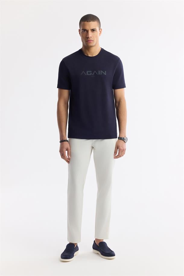 Lacivert Bisiklet Yaka Hologram Baskılı İnterlok T-Shirt