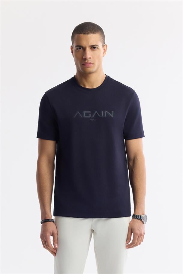 Lacivert Bisiklet Yaka Hologram Baskılı İnterlok T-Shirt