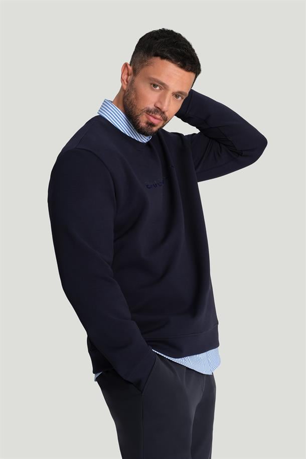 Lacivert Bisiklet Yaka Pamuklu Baskılı Sweatshirt