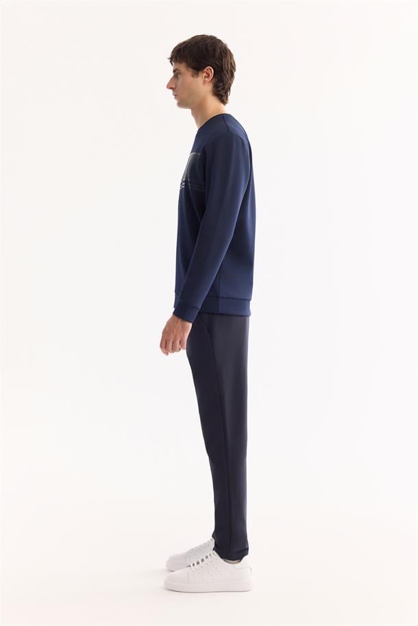 Lacivert Bisiklet Yaka Silikon  Baskılı İnterlok Sweatshirt