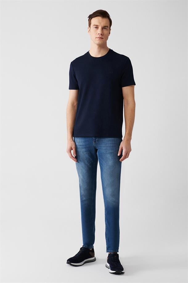 Lacivert Bisiklet Yaka Sırt ve Göğüsü Logo Baskılı T-shirt