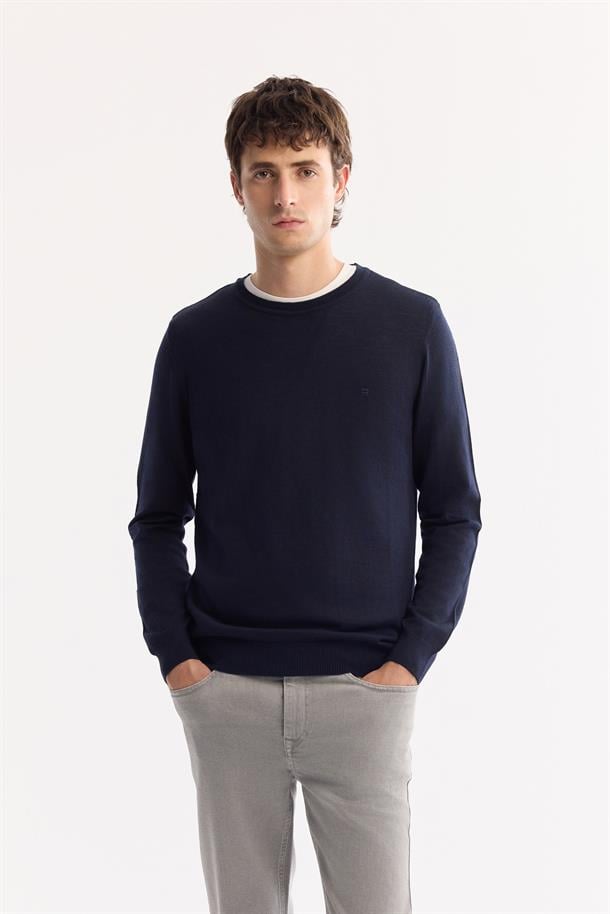 Navy Wool Blend Crew Neck Jumper
